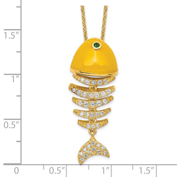 Sterling Silver 16+2in ext Gold-plt Yellow Enamel CZ Fish Skeleton Necklace
