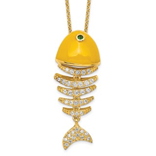 Sterling Silver 16+2in ext Gold-plt Yellow Enamel CZ Fish Skeleton Necklace
