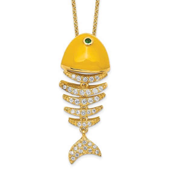 Sterling Silver 16+2in ext Gold-plt Yellow Enamel CZ Fish Skeleton Necklace