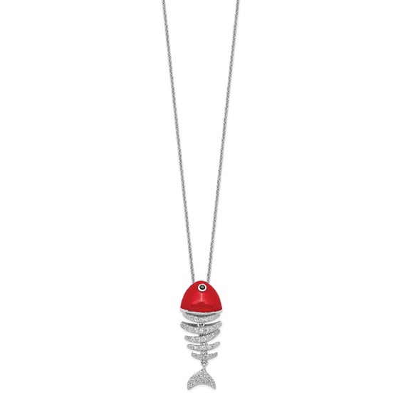 Sterling Silver RH-plated Lucky Fish CZ Skeleton Red Enamel Pend Necklace