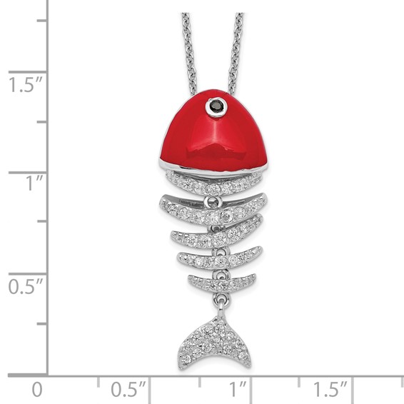 Sterling Silver RH-plated Lucky Fish CZ Skeleton Red Enamel Pend Necklace