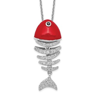 Sterling Silver RH-plated Lucky Fish CZ Skeleton Red Enamel Pend Necklace
