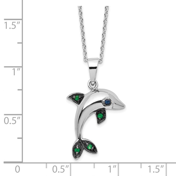 Sterling Silver Rhodium-plated Polished Blue and Green CZ Dolphin 16 Inch with 2 Inch Extension Necklace