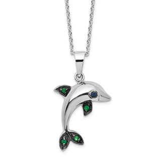 Sterling Silver Rhodium-plated Polished Blue and Green CZ Dolphin 16 Inch with 2 Inch Extension Necklace