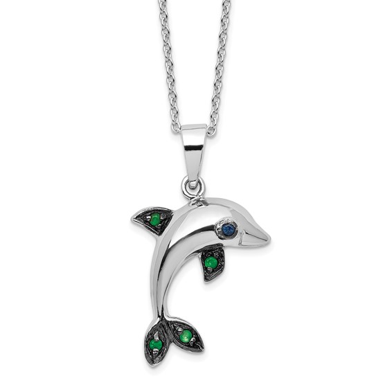 Sterling Silver Rhodium-plated Polished Blue and Green CZ Dolphin 16 Inch with 2 Inch Extension Necklace