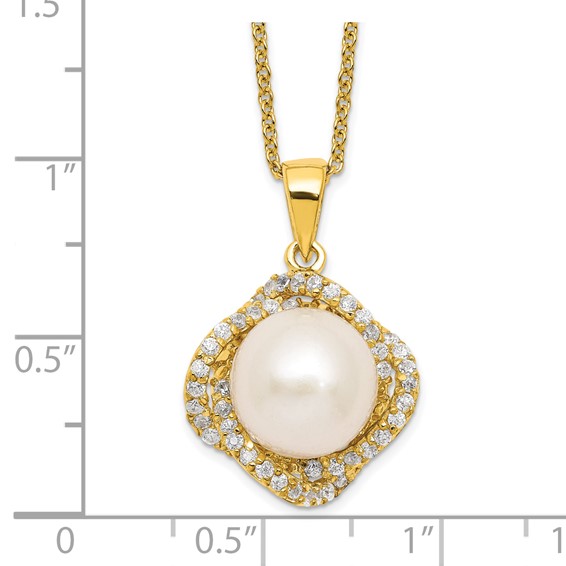 Sterling Silver Gold-plated Fancy Gallery FWC Button Pearl & CZ Necklace