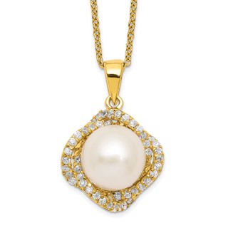 Sterling Silver Gold-plated Fancy Gallery FWC Button Pearl & CZ Necklace