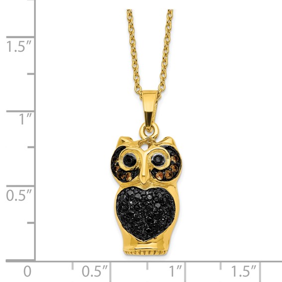 Sterling Silver Gold-tone Black Rhodium CZ Owl w/2 in ext Necklace