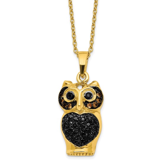 Sterling Silver Gold-tone Black Rhodium CZ Owl w/2 in ext Necklace