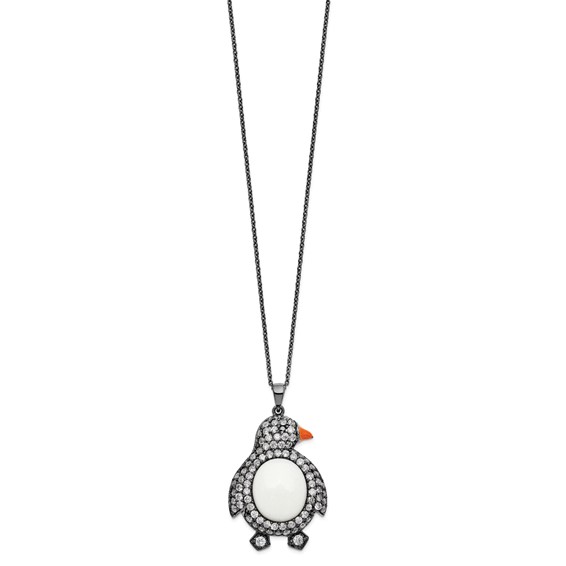 Sterling Silver Black Rhodium Simulated White Agate and Cz Penguin Necklace