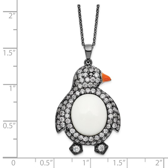 Sterling Silver Black Rhodium Simulated White Agate and Cz Penguin Necklace
