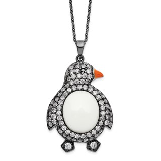 Sterling Silver Black Rhodium Simulated White Agate and Cz Penguin Necklace