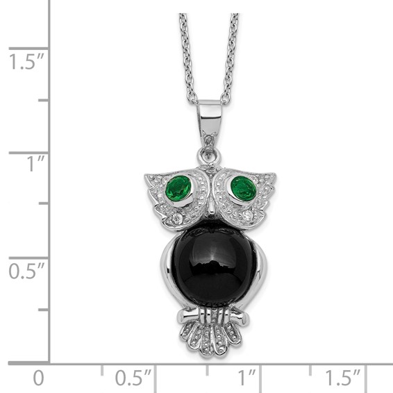 Sterling Silver RH-plated Onyx Green & Clear CZ Owl w/ 2in ext Necklace