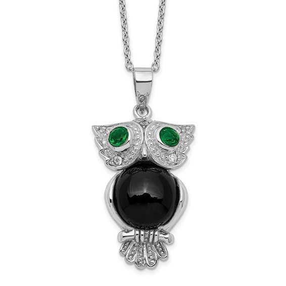 Sterling Silver RH-plated Onyx Green & Clear CZ Owl w/ 2in ext Necklace