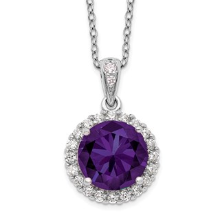 Sterling Silver RH-plated CZ & Purple CZ Center Pendant Necklace