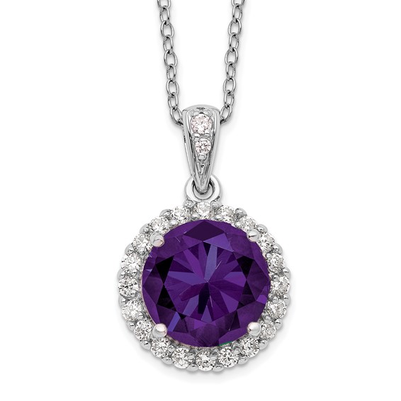 Sterling Silver RH-plated CZ & Purple CZ Center Pendant Necklace