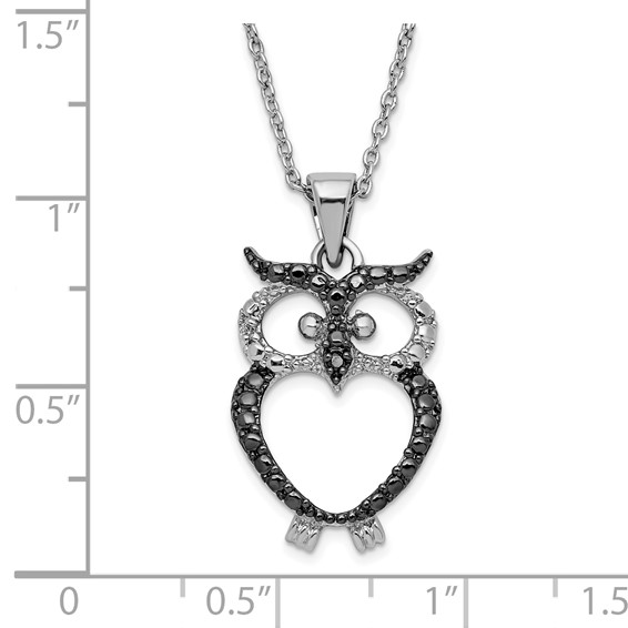 Sterling Silver Black Rhodium-plated Polished Black and White CZ Owl 16 Inch with 2 Inch Extension Necklace