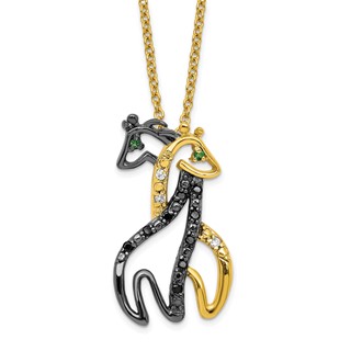 Sterling Silver Gold-plate Black,White,Green CZ Twin Giraffe Necklace