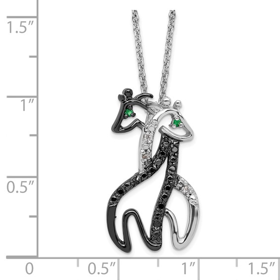 Brass 18in Rhodium-plated Black, White & Green CZ Twin Giraffe Necklace