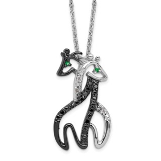Brass 18in Rhodium-plated Black, White & Green CZ Twin Giraffe Necklace