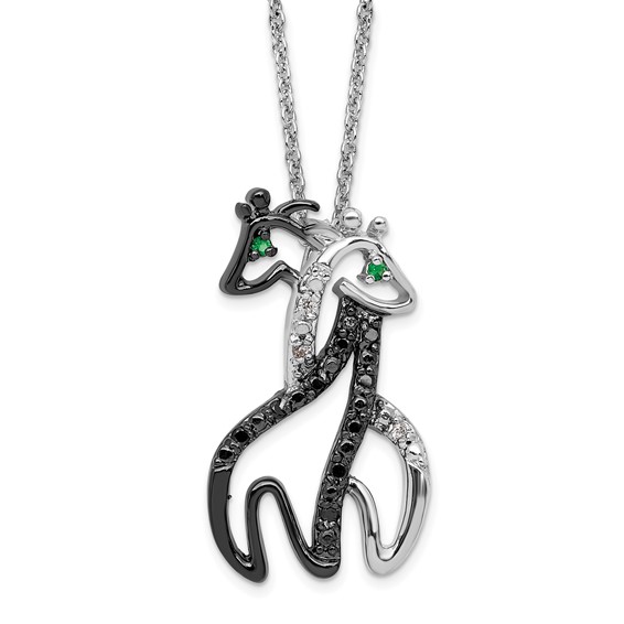 Brass 18in Rhodium-plated Black, White & Green CZ Twin Giraffe Necklace