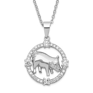 Sterling Silver Rhod Plated CZ Chinese Zodiac Pig Necklace