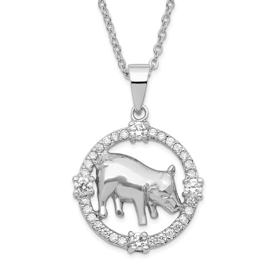 Sterling Silver Rhod Plated CZ Chinese Zodiac Pig Necklace