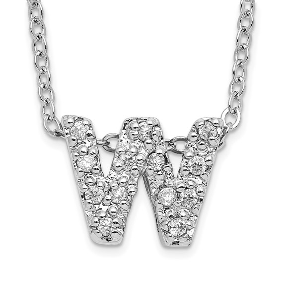 Brass Rhodium-plated White CZ Initial Letter W Necklace