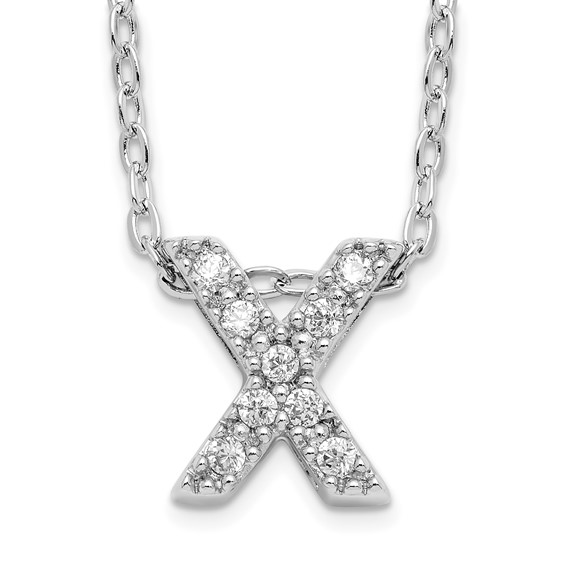Brass Rhodium-plated White CZ Initial Letter X Necklace