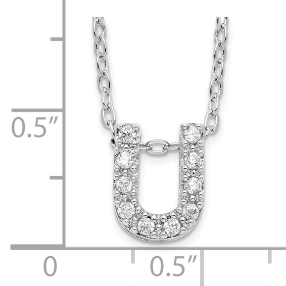 Brass Rhodium-plated White CZ Initial Letter U Necklace