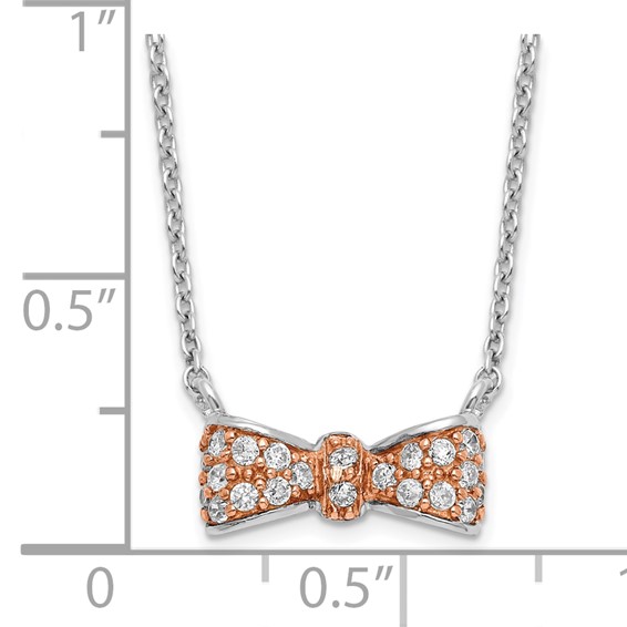 Sterling Silver Rose and Rhodium-plate CZ Bow with 2 in ext Necklace