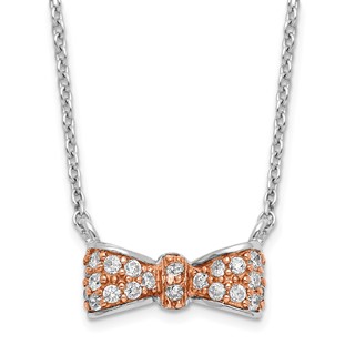 Sterling Silver Rose and Rhodium-plate CZ Bow with 2 in ext Necklace