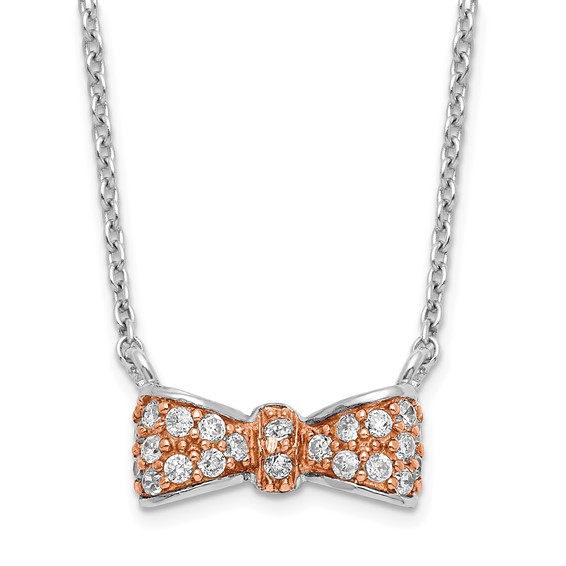 Sterling Silver Rose and Rhodium-plate CZ Bow with 2 in ext Necklace