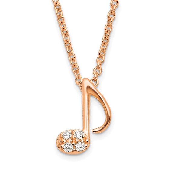 Sterling Silver Rose Gold-plated Polished CZ Music Note 16 Inch with 2 Inch Extension Necklace