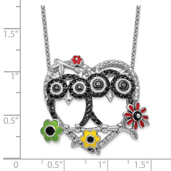 Sterling Silver 16+2in w/ ext. Rhod-plated Enameled CZ Love Owls Necklace