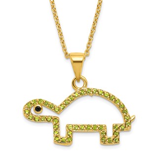 STERLING SILVER GOLD PLATE SIMULATED PERIDOT AND BLACK CZ TURTLE 16"+2" NECKLACE