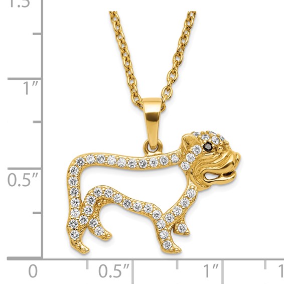 Sterling Silver Gold-plated CZ Bull Dog with 2 in ext Necklace