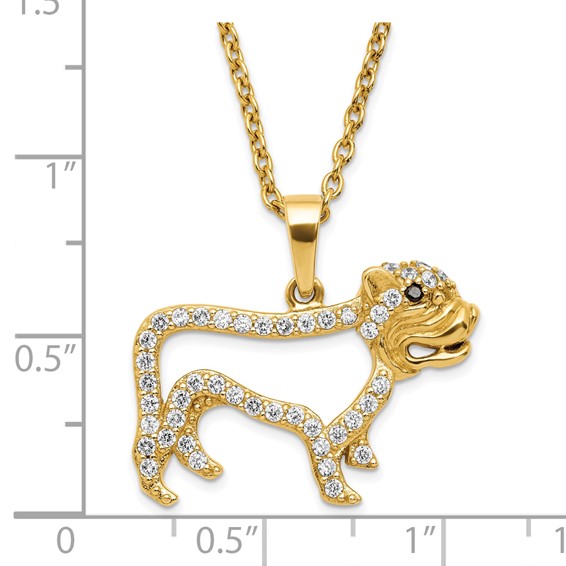Sterling Silver Gold Plated White Cz Bull Dog Pendant Necklace