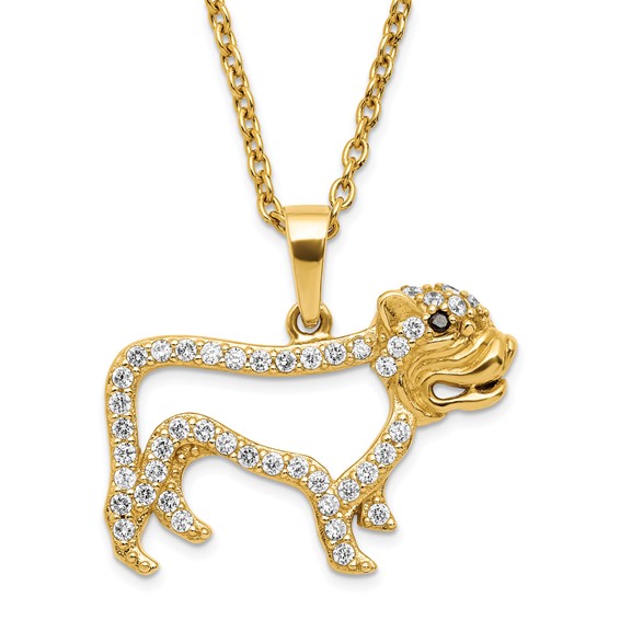 Sterling Silver Gold-plated CZ Bull Dog with 2 in ext Necklace