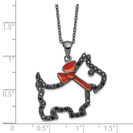 Sterling Silver Black RH-plated Blk CZ Scottie Terrier Red Collar Necklace