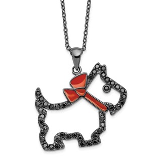 Sterling Silver Black RH-plated Blk CZ Scottie Terrier Red Collar Necklace