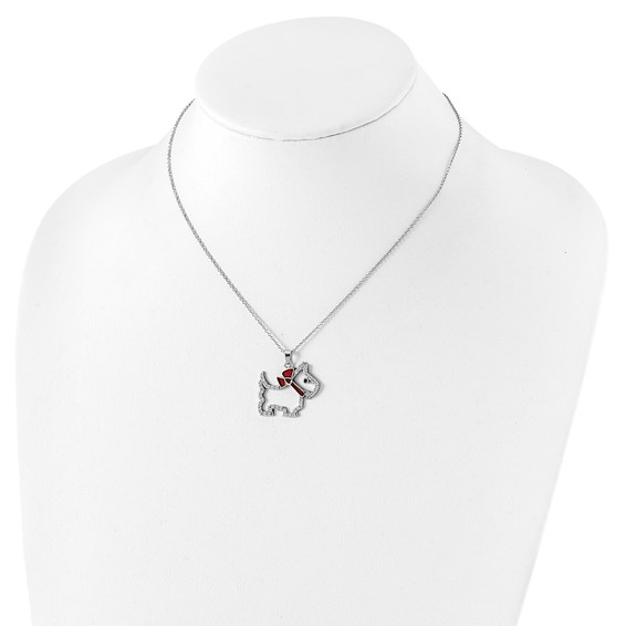 Sterling Silver Rhodium-plated Polished Black and White CZ Enameled Scottie Dog 16 Inch with 2 Inch Extension Necklace