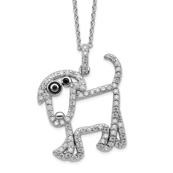Sterling Silver Rhodium-plated Polished Black and White CZ Enameled Dog 16 Inch with 2 Inch Extension Necklace