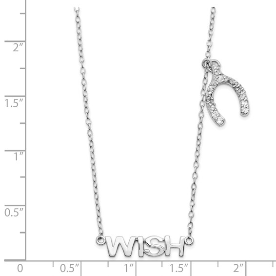 Sterling Silver Rhodium-plated Word WISH with CZ Wish Bone Charm Necklace