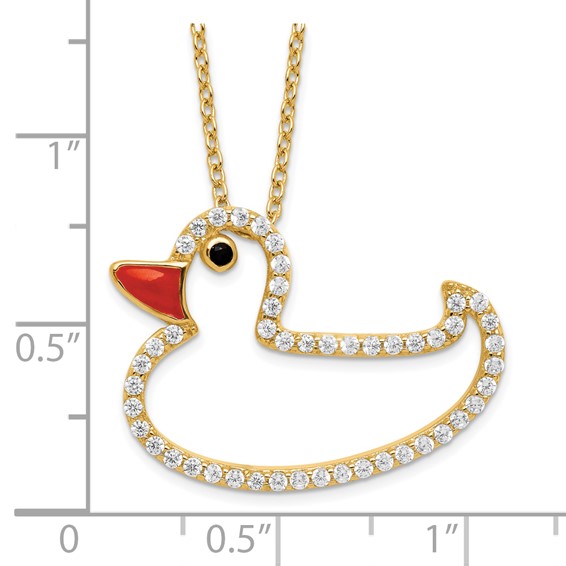 Sterling Silver Gold-plated Polished Black and White CZ Enameled Duck 16 Inch with 2 Inch Extension Necklace