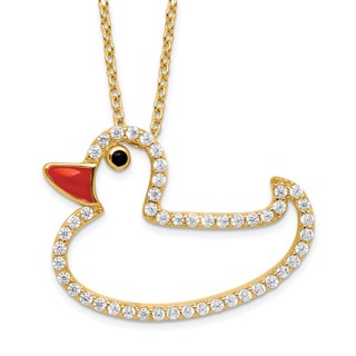 Sterling Silver Gold-plated Polished Black and White CZ Enameled Duck 16 Inch with 2 Inch Extension Necklace