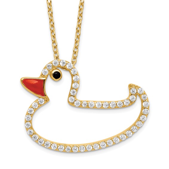 Sterling Silver Gold-plated Polished Black and White CZ Enameled Duck 16 Inch with 2 Inch Extension Necklace