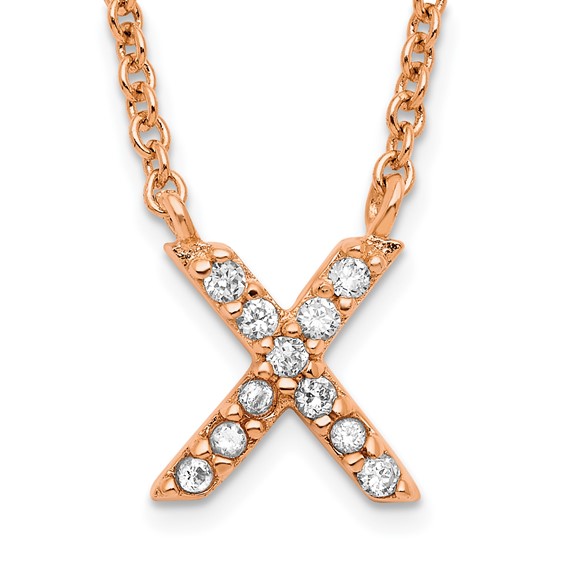 Sterling Silver Rose Gold-plated CZ Initial X 18 Inch Necklace