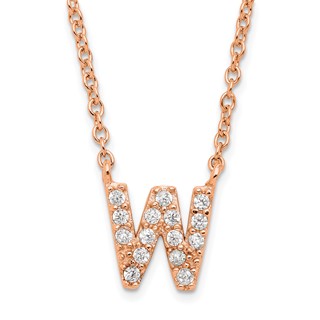 Sterling Silver Rose Gold-plated CZ Initial W 18 Inch Necklace