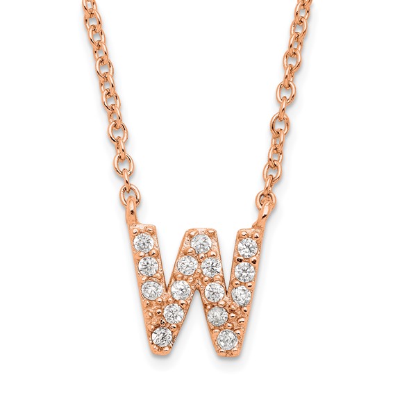 Sterling Silver Rose Gold-plated CZ Initial W 18 Inch Necklace